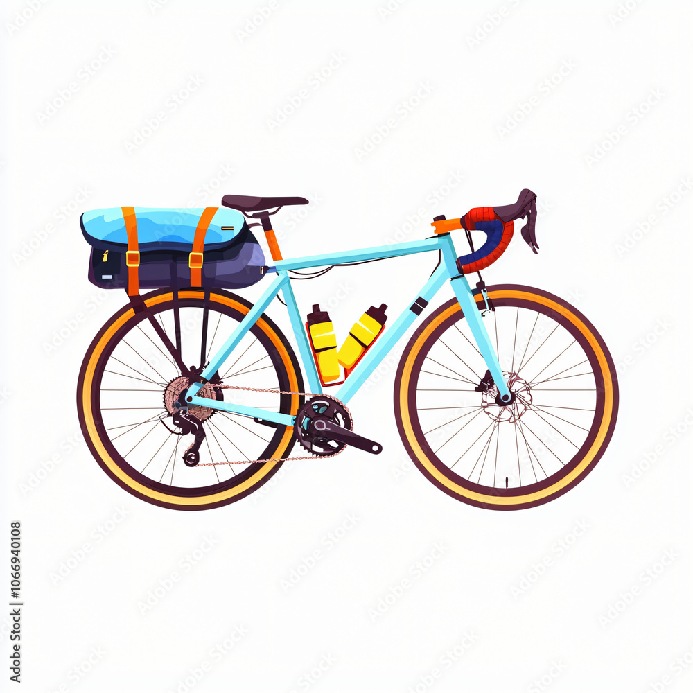 Fototapeta premium flat cutout vector sticker of bicycle with pannier bags for cycling enthusiasts, isolated on white background