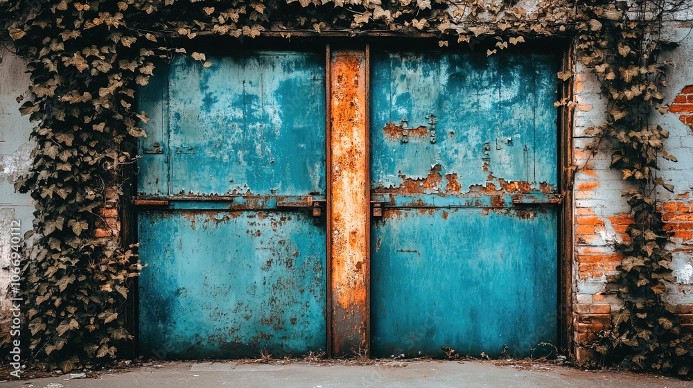 Industrial Decline Symbolized by Rusty, Overgrown Factory Gates with Peeling Paint Industrial Decline Symbolized by Rusty, Overgrown Factory Gates with Peeling Paint