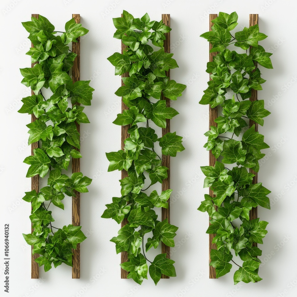 Fototapeta premium Vertical garden with lush green ivy on wooden panel, white isolate background.