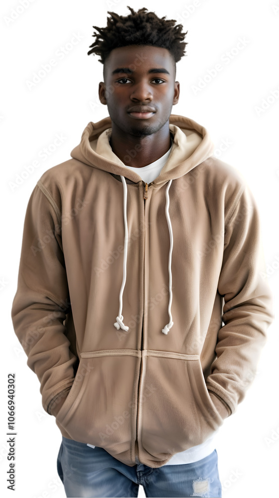 Model wearing a fleece-lined hoodie, isolated on white background Model wearing a fleece-lined hoodie, isolated on white background