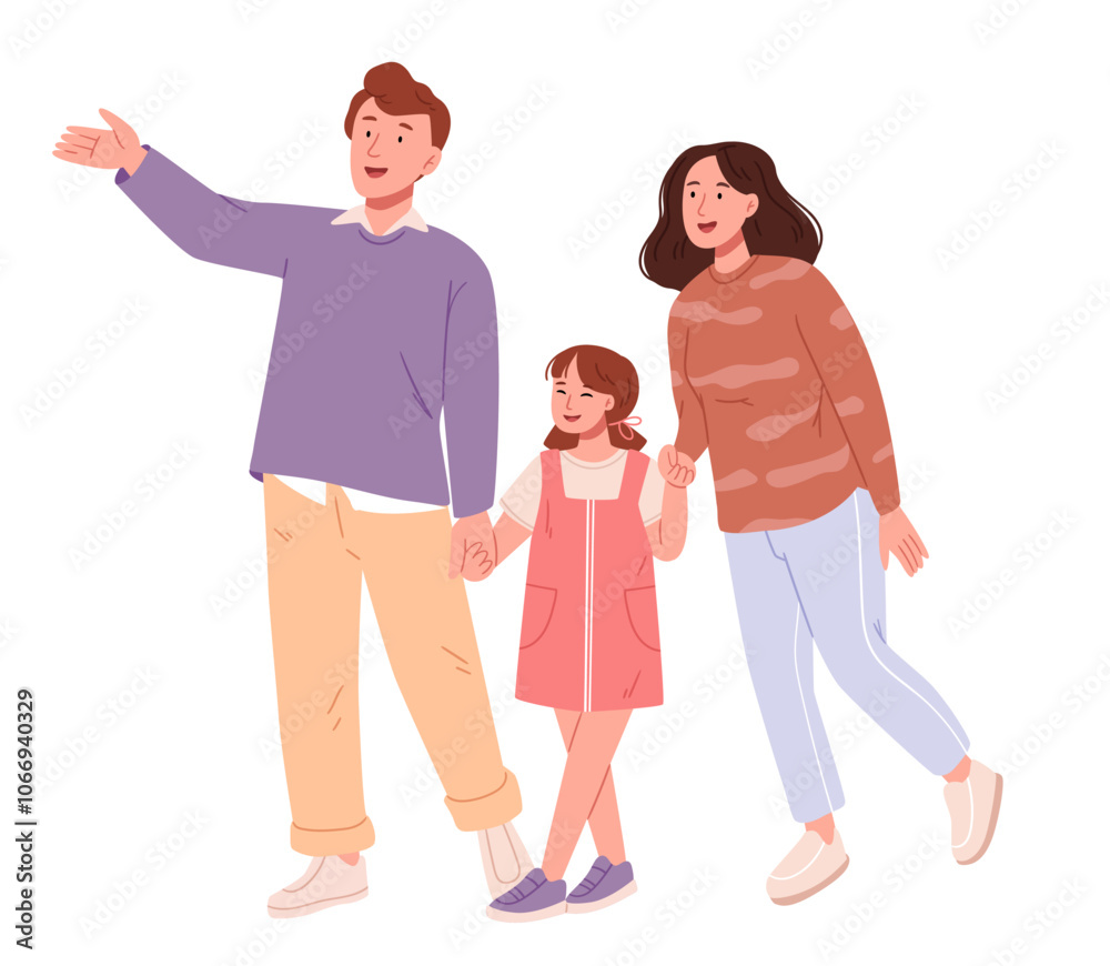 Mom, dad and daughter are walking holding hands.Family day concept Mom, dad and daughter are walking holding hands.Family day concept