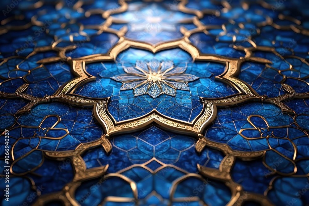 Intricate Blue and Gold Mosaic Pattern with Floral Motifs Intricate Blue and Gold Mosaic Pattern with Floral Motifs