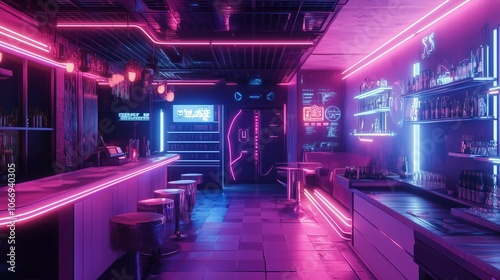 A neon-lit bar interior featuring illuminated shelves and vibrant decoration in the evening