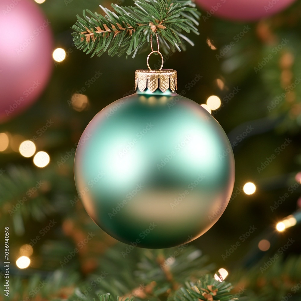 A single green bauble hangs on a Christmas tree with twinkling lights. A single green bauble hangs on a Christmas tree with twinkling lights.