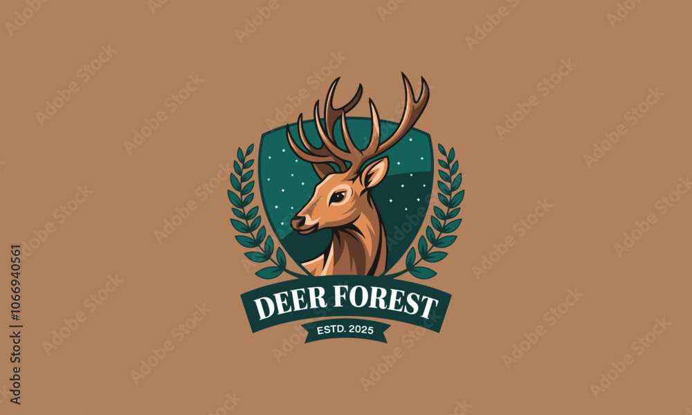 Fototapeta premium Deer forest logo with antlers and laurel wreath emblem