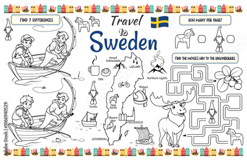 A fun placemat for kids. Printable “Travel to Sweden” activity sheet with a labyrinth and find the differences. 17x11 inch printable vector file