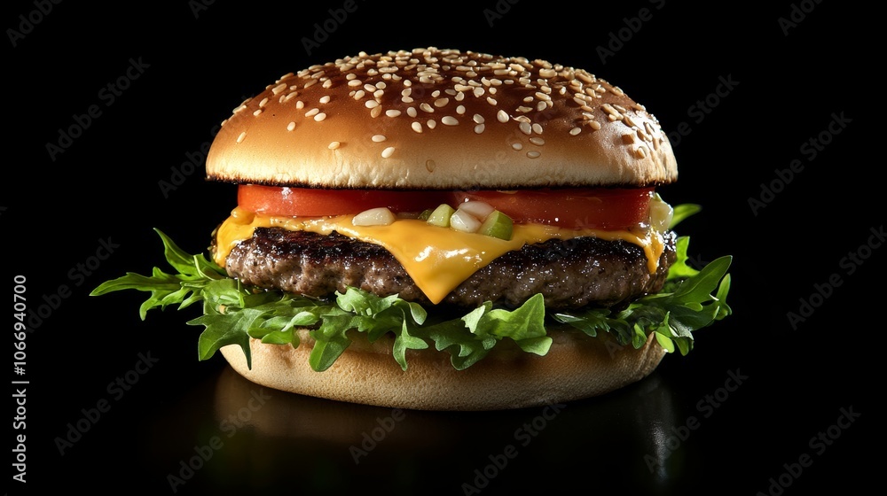 Delicious cheeseburger with lettuce and tomato on sesame bun, tempting culinary delight Delicious cheeseburger with lettuce and tomato on sesame bun, tempting culinary delight