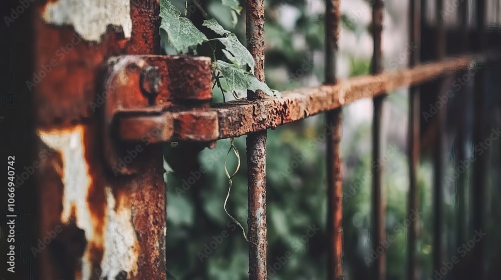 Industrial Decline Symbolized by Rusty, Overgrown Factory Gates with Peeling Paint Industrial Decline Symbolized by Rusty, Overgrown Factory Gates with Peeling Paint