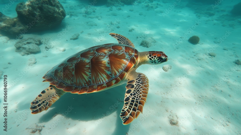 Obraz premium Hawksbill sea turtle swimming over sandy bottom in turquoise water