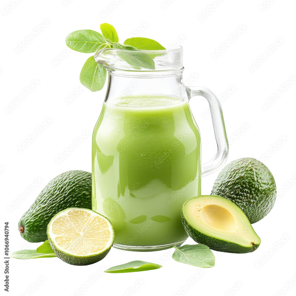 Fototapeta premium Jug of avocado juice with fresh fruits, showcasing its natural appeal, isolated on white background for vibrant display. cutout png