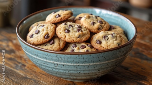 Bowl overflowing with freshly baked chocolate chip cookies