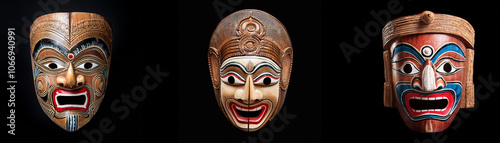 Three ornate masks are isolated against a black background. Each features a carved wooden face with vibrant colors and unique designs.