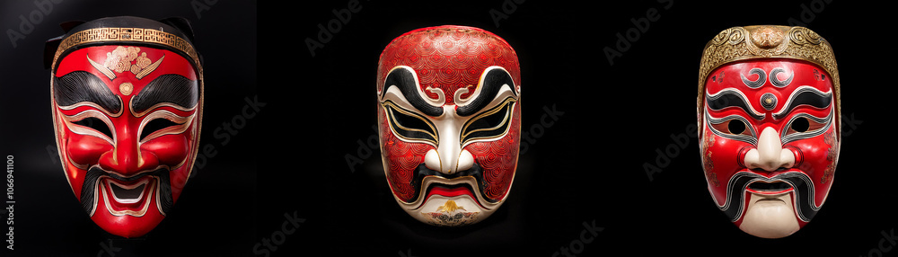 Three red and black masks isolated against a black background.