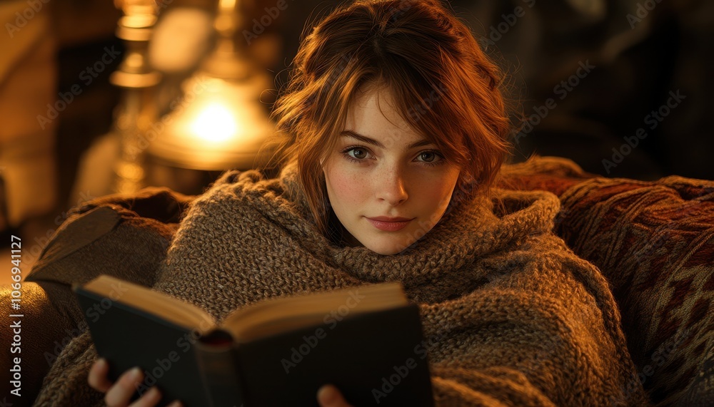 Young woman in cozy blanket reads a book by warm lamp light on a chilly evening Young woman in cozy blanket reads a book by warm lamp light on a chilly evening