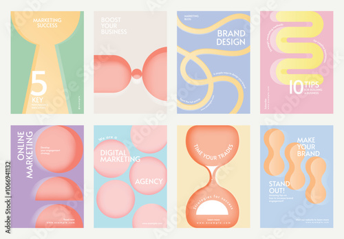 Colorful marketing posters with abstract designs. Marketing tips, brand design, and online marketing themes. Vibrant colors, abstract shapes, marketing focus. Retro pastel branding template vector set