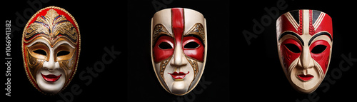 Three intricately designed masks are isolated against a black background.