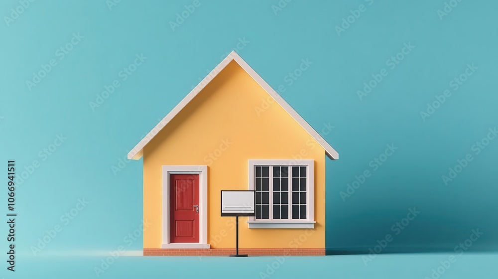 A bright yellow house model with a red door and a for-sale sign against a turquoise background. A bright yellow house model with a red door and a for-sale sign against a turquoise background.
