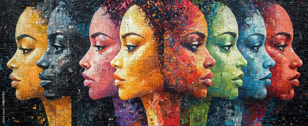 A vibrant and colorful collage of diverse faces, representing the diversity in Women's History Month. The artwork is in an abstract art style A vibrant and colorful collage of diverse faces, representing the diversity in Women's History Month. The artwork is in an abstract art style