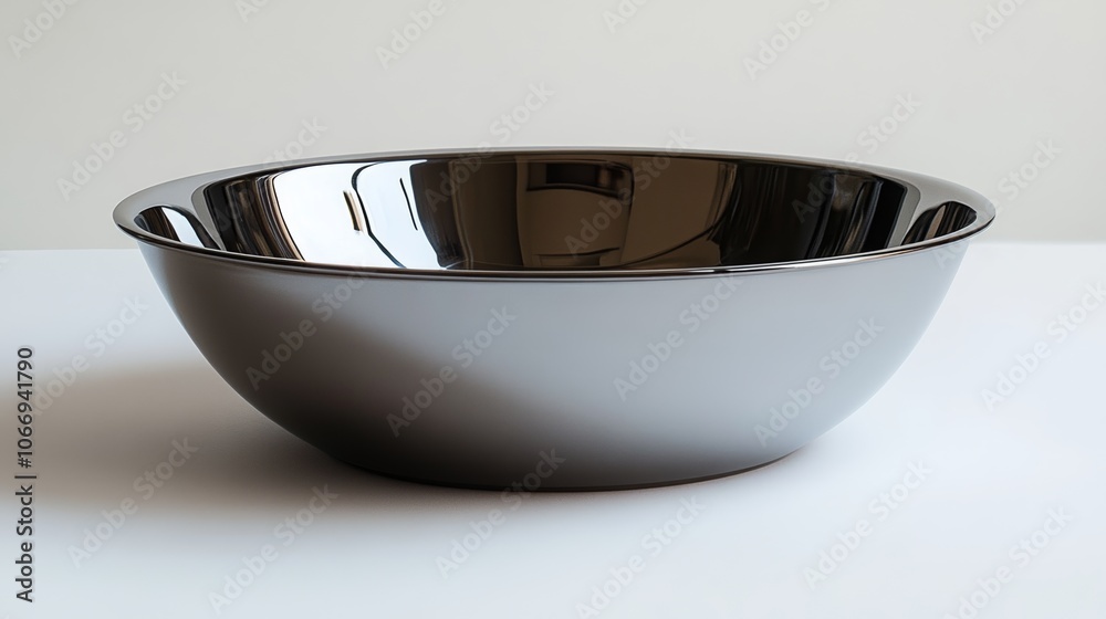 Empty chrome mixing bowl reflecting light on white surface Empty chrome mixing bowl reflecting light on white surface