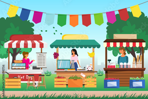 Outdoor market stalls. Local market or street fair. Vector illustration.