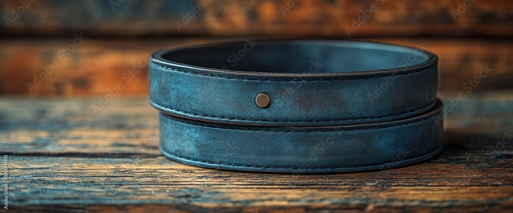 Blue Leather Belt with Metal Rivet on Rustic Wooden Background Blue Leather Belt with Metal Rivet on Rustic Wooden Background