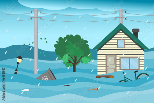 Flood disaster in town. Flooded buildings. Vector illustration.