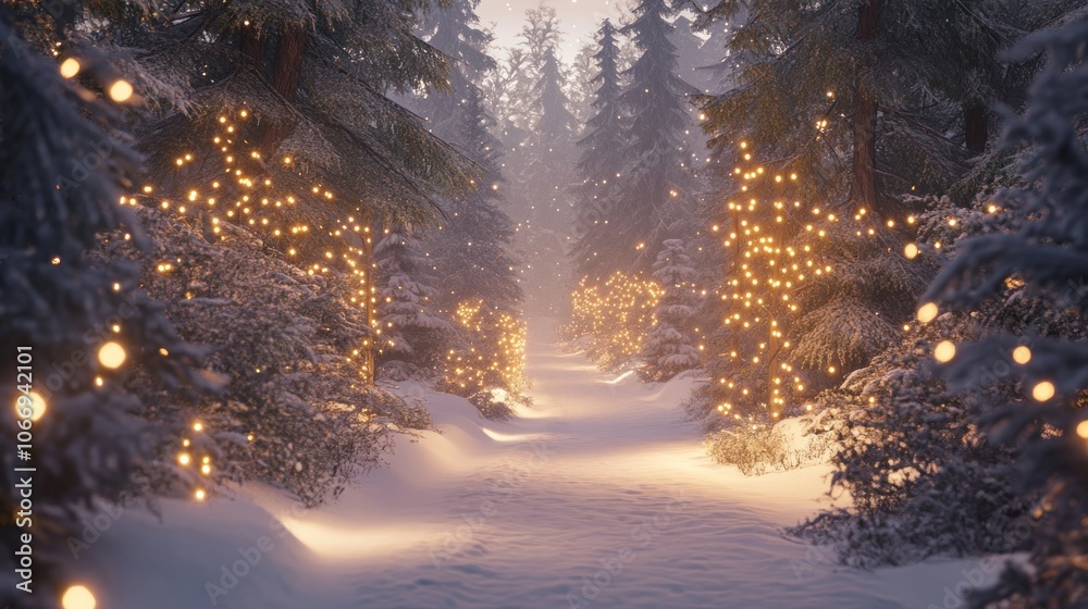 A snowy forest path lined with evergreens and twinkling lights A snowy forest path lined with evergreens and twinkling lights