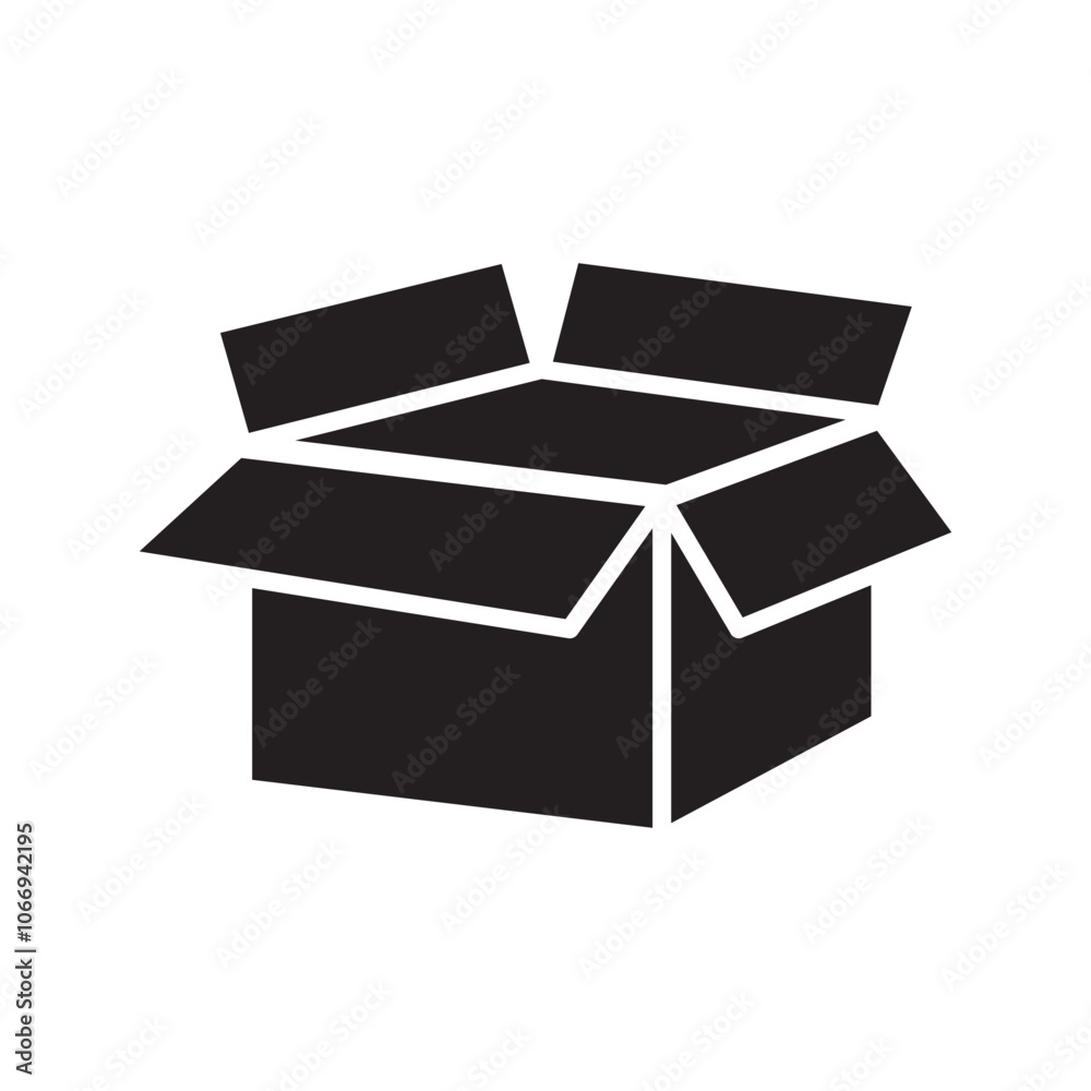 Open box icon. Black cardboard shape. Empty container symbol. Vector element. Open box icon. Black cardboard shape. Empty container symbol. Vector element.