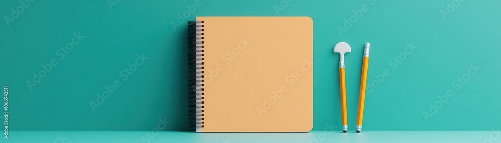 A minimalist scene featuring a spiral notebook and two yellow pencils against a teal background.