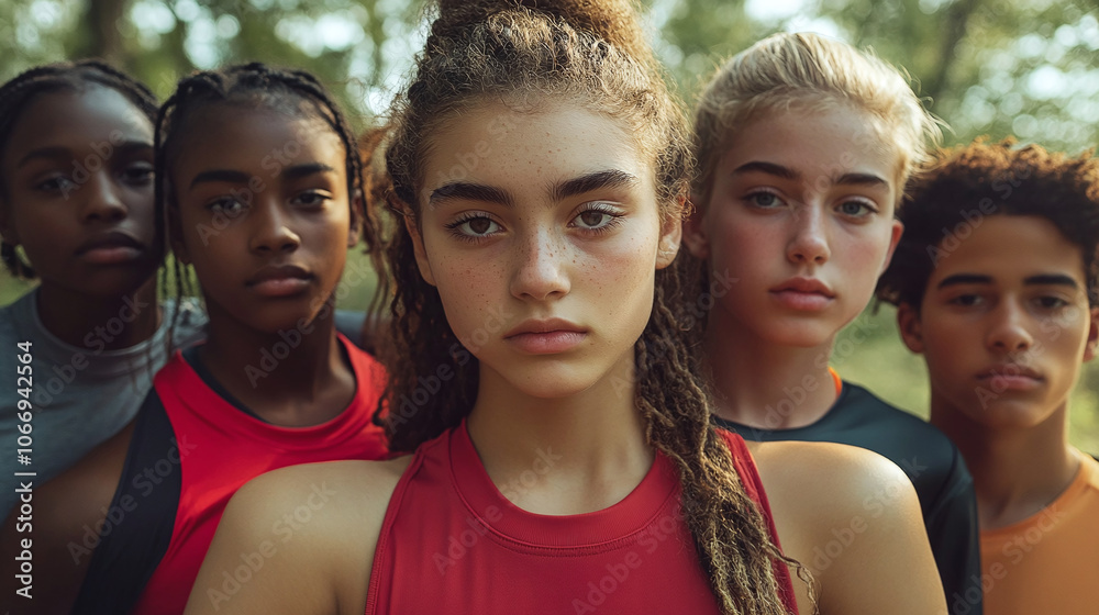 Portrait of a diverse group of young athletes posing together outdoors,showcasing a united and inclusive sports team with confidence,camaraderie,and a shared sense of community. Portrait of a diverse group of young athletes posing together outdoors,showcasing a united and inclusive sports team with confidence,camaraderie,and a shared sense of community.