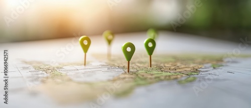A close-up view of a map featuring multiple green location pins, highlighting places of interest in a natural setting with soft sunlight in the background.