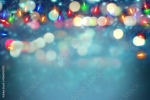 Christmas lights. festive colorful holiday light string with glowing and sparkle on illuminated bokeh backdrop. Background for design wallpaper of merry christmas, new year and holiday.