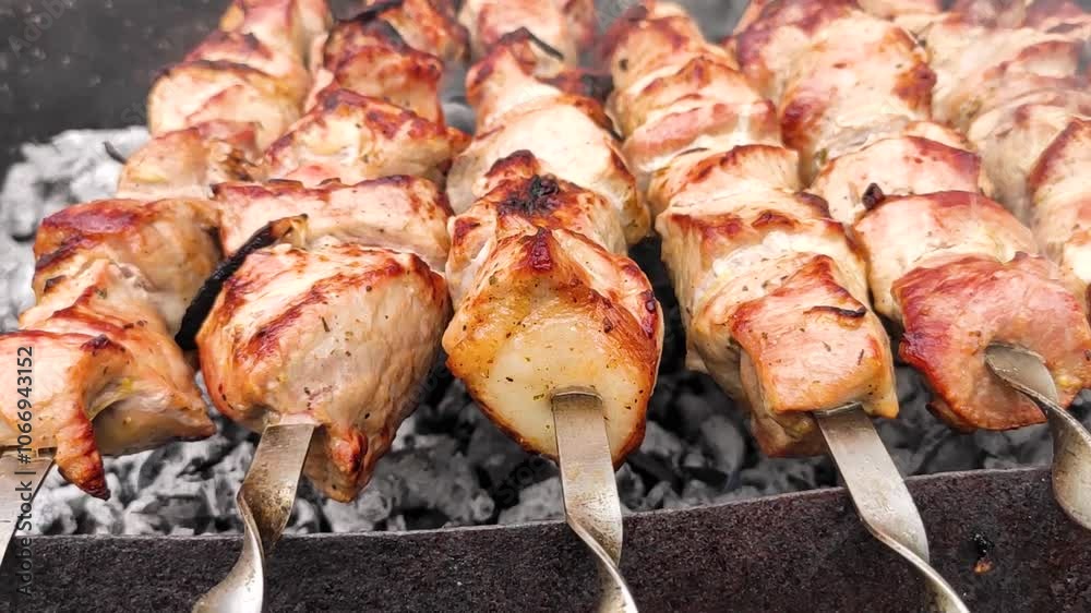 Juicy shashlik is fried on the grill over coals Juicy shashlik is fried on the grill over coals