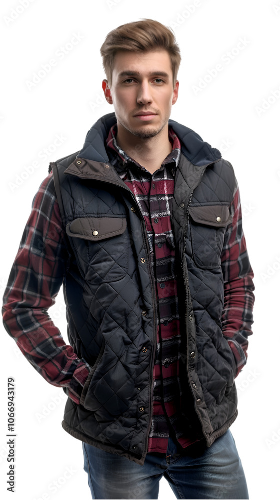 Fototapeta premium Fashion model in a quilted winter vest, isolated on white background