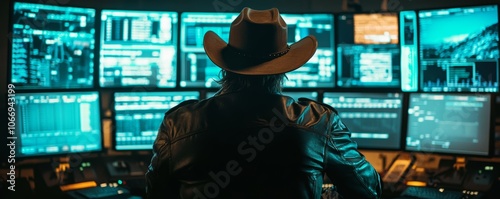 Hacker wearing cowboy hat working on multiple computer screens with green code