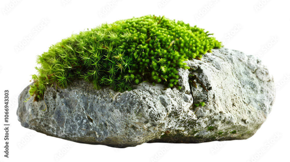 Fresh green moss covering a stone, Isolated on White Background Fresh green moss covering a stone, Isolated on White Background