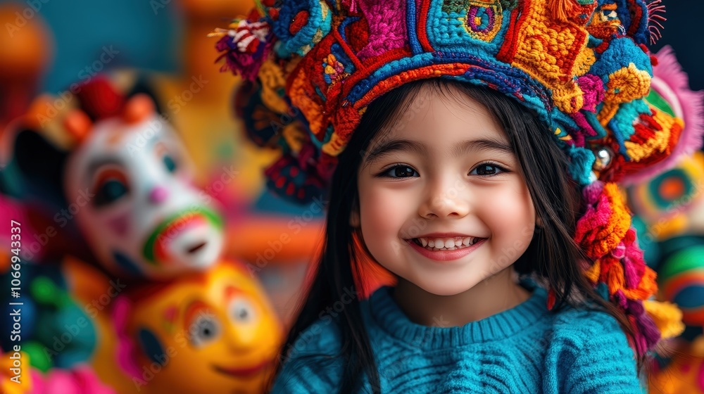 A cheerful young girl wearing an intricately designed, multicolored traditional headpiece with a vibrant backdrop, capturing the essence of cultural celebration.