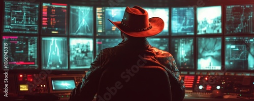 Mysterious hacker in cowboy hat monitoring multiple screens in dark room