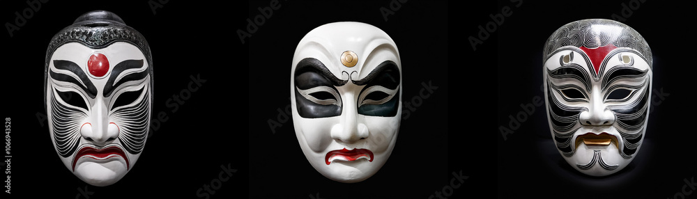 Naklejka premium Three isolated, ornate masks against a black background.