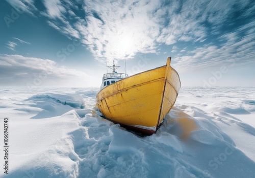 Yellow Boat Stranded on Frozen Ice Landscape
 photo