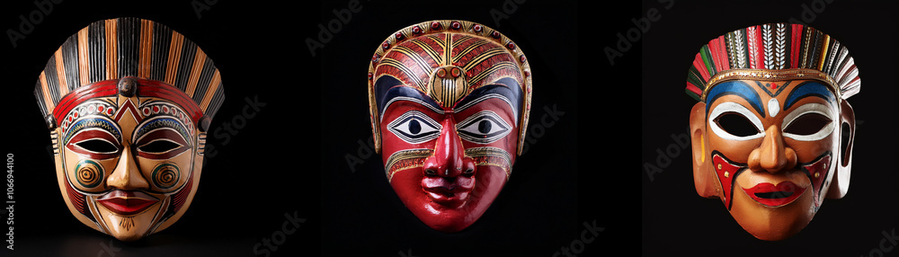 Naklejka premium Three colorful masks with painted faces and decorative features, isolated against a black background.