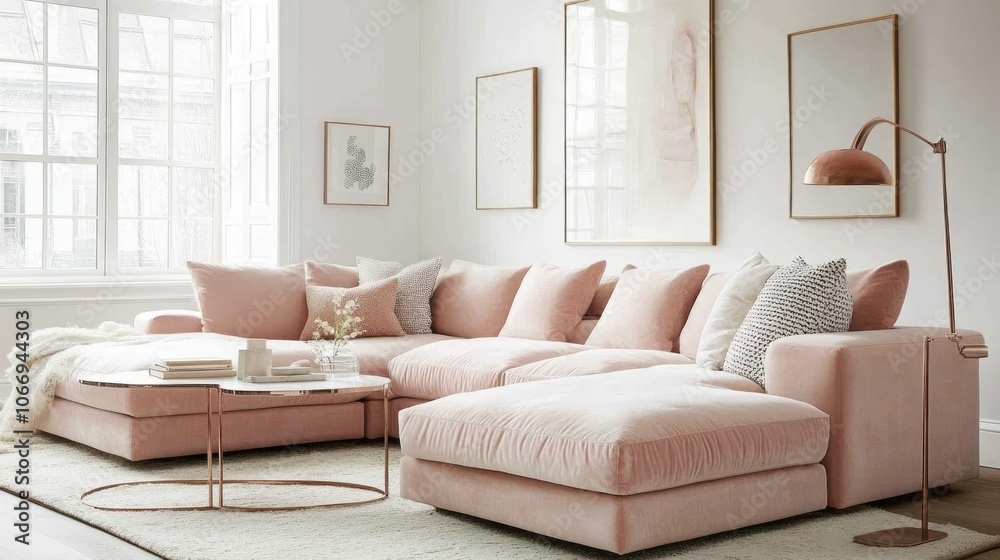 Fototapeta premium Modern Living Room with Pink Sectional Sofa and Gold Accents