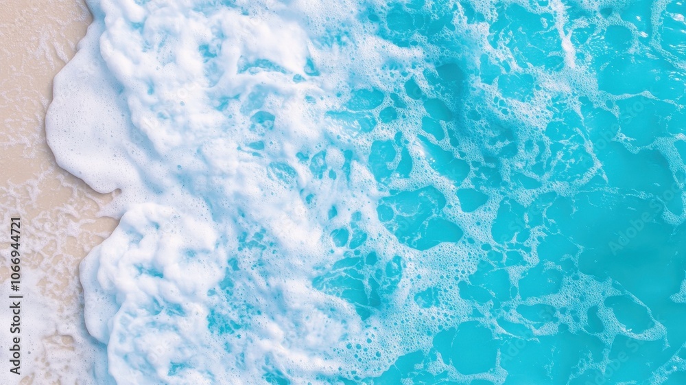 Obraz premium Aerial view of clear turquoise ocean waves gently lapping at a sandy beach, showcasing the vibrant colors of the water in a peaceful coastal setting.