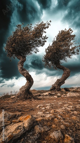 Two olive trees resisting the wind under a dramatic cloudy sky