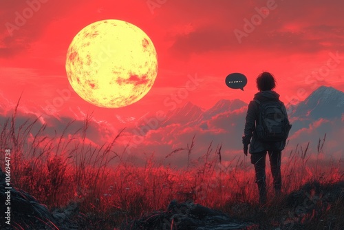 Contemplative figure admiring surreal red landscape and glowing sun