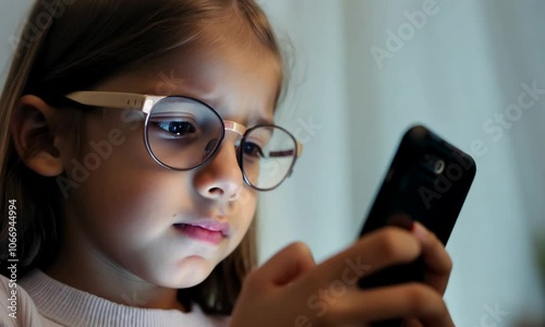 Close up shot of teenager girl with eyeglasses playing live video game on mobile phone at home - concept of entertainment, gaming addiction and childhood lifestyle.