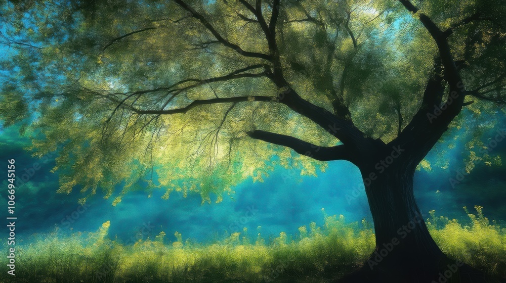Serene tree with radiant light in tranquil nature setting Serene tree with radiant light in tranquil nature setting