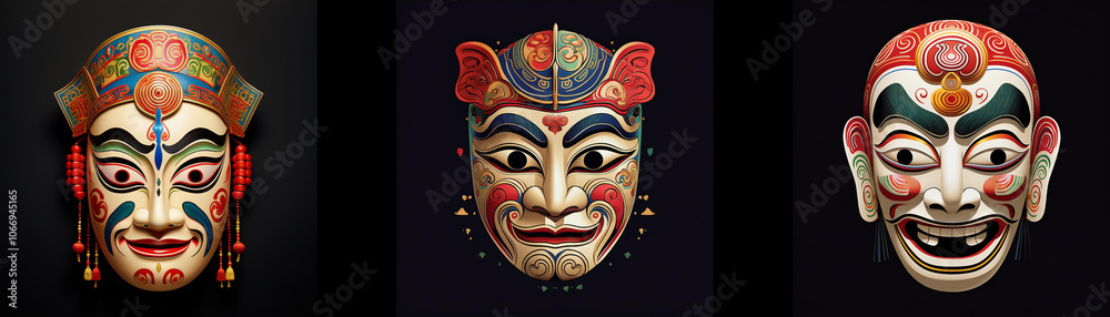 Three colorful masks with painted features are isolated against a black background. Three colorful masks with painted features are isolated against a black background.