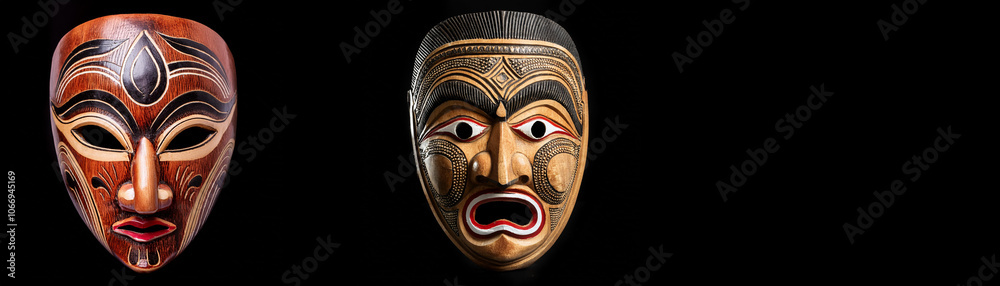 Two carved wooden masks are isolated against a black background. Two carved wooden masks are isolated against a black background.