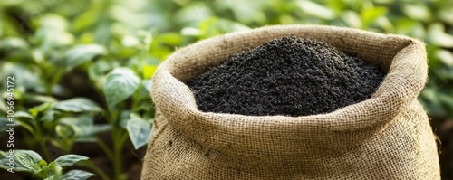 Burlap sack full of fertilizer resting near growing crops